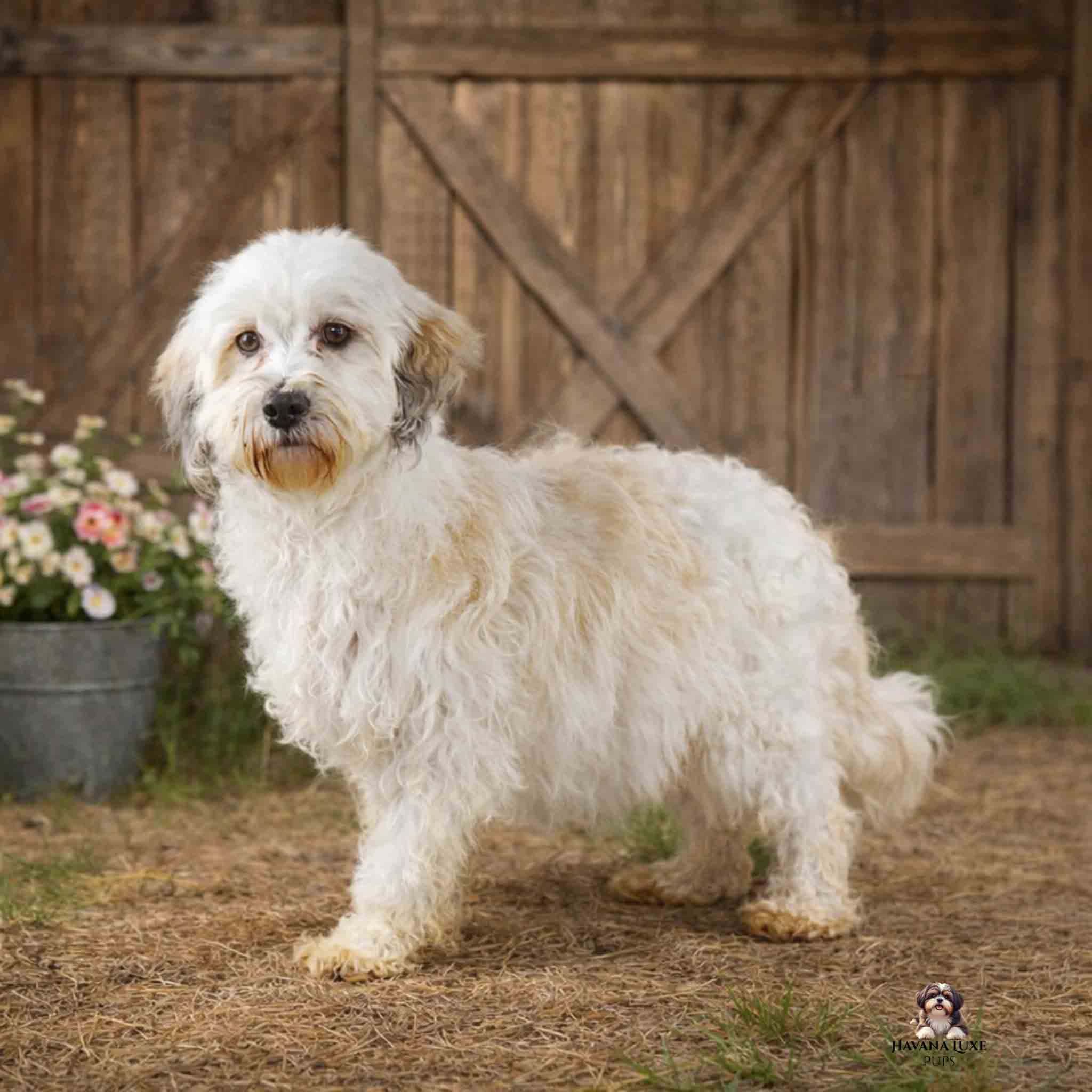 Ollie a white and Gold Havanese in front of flowers and barn door
